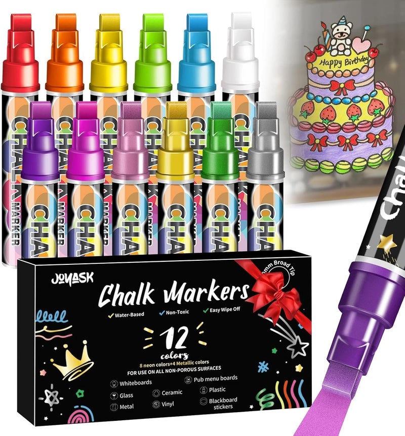Joyask Liquid Chalk Markers for Blackboard, 12 Colors Washable Window Markers, 10mm 3-in-1 Jumbo Wide Tip, Dry Erase Marker Pens for Chalkboard, Car Window Paint Pens for Christmas Glass Mirror Decoration - Image 1